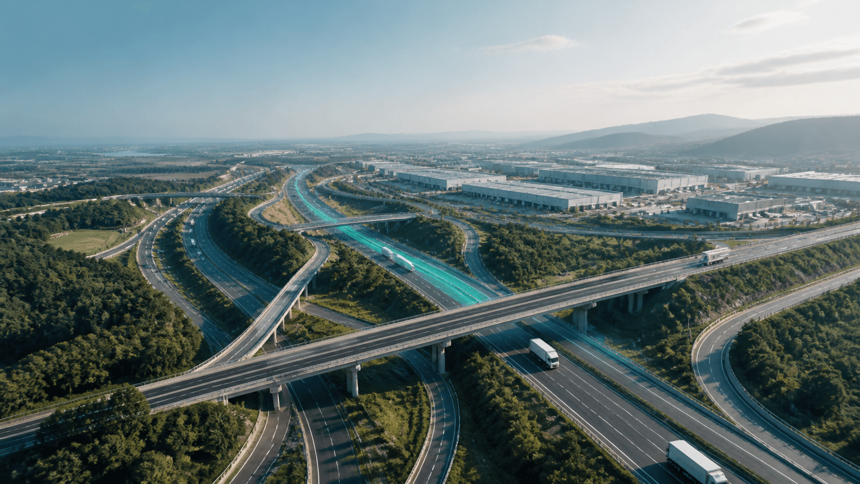 Corredor logistico con rutas y centros de distribucion